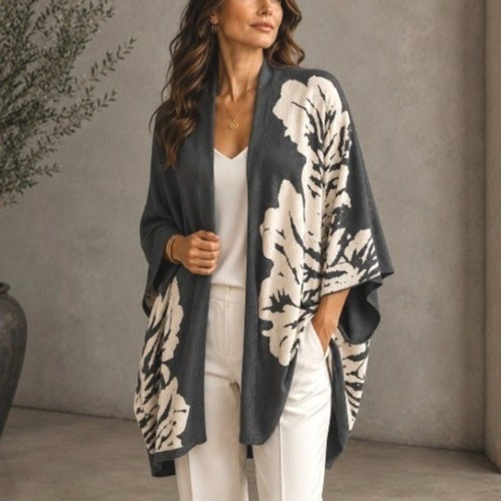 MarlaWynn Jacquard Knit Drama Topper Oversized Gray Ivory Floral Knit Sweater PL